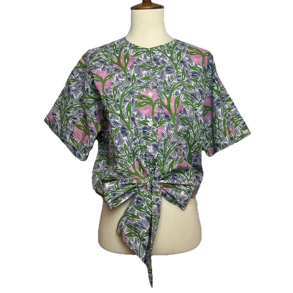 Liberty & Justice Tie Front Top Pink Green Tropical Preppy Cotton Size XS NWT